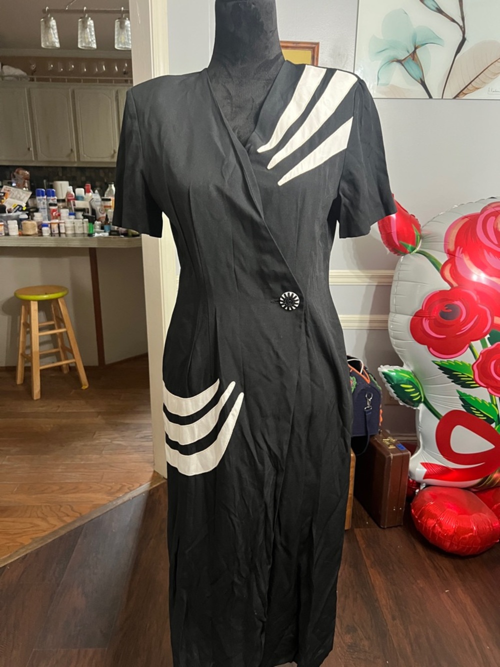 Black Dress with White Accent Panels - Elegant Wrap-Style Women’s Dress